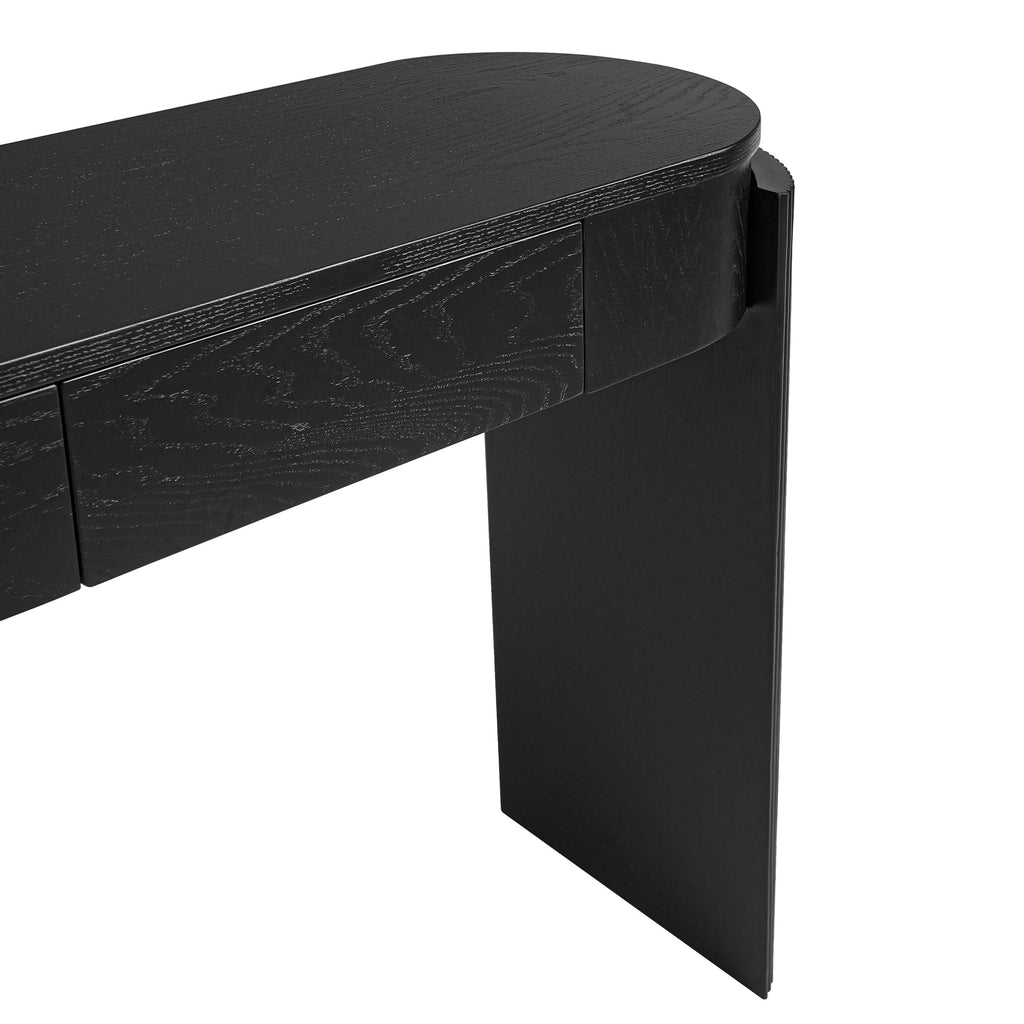 TREXM Entryway Table with Natural Wood Grain Finish, Console Table with Fluted Design, Oval Top and 2 Drawers for Entryway and Living Room (Black)