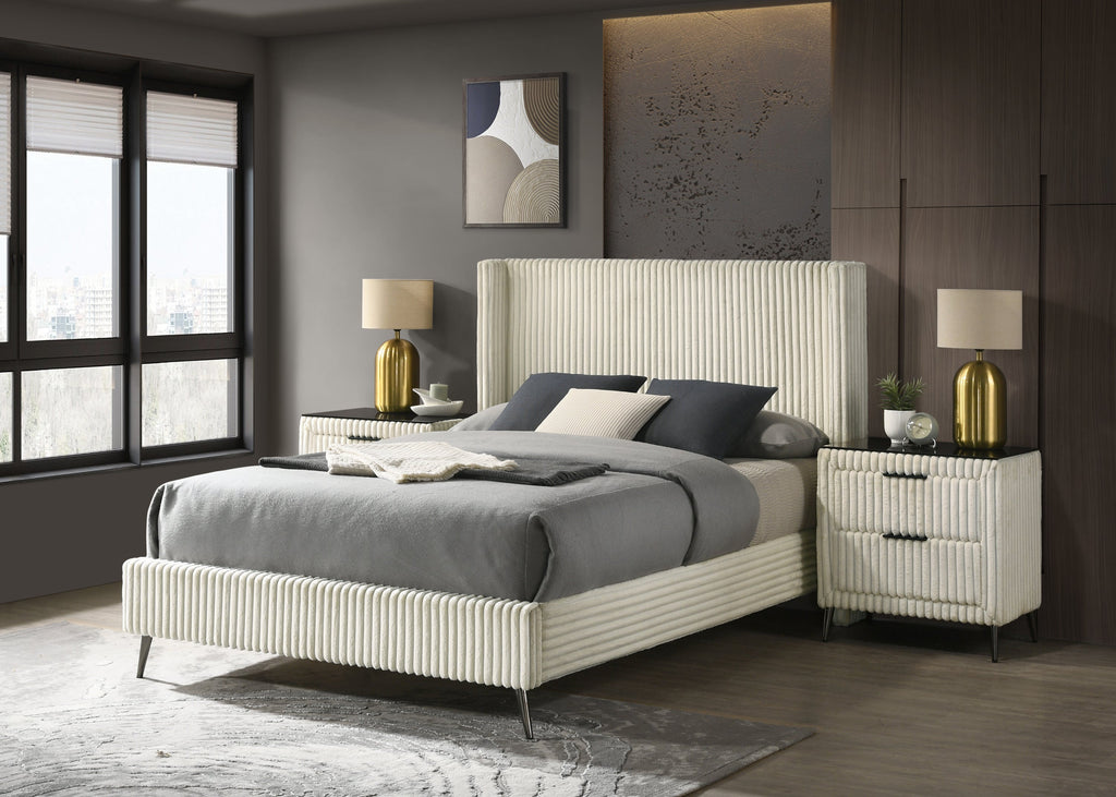 Mavela Wide Wale Corduroy Upholstery Panel Queen Bed with 2 Nightstands, Cream