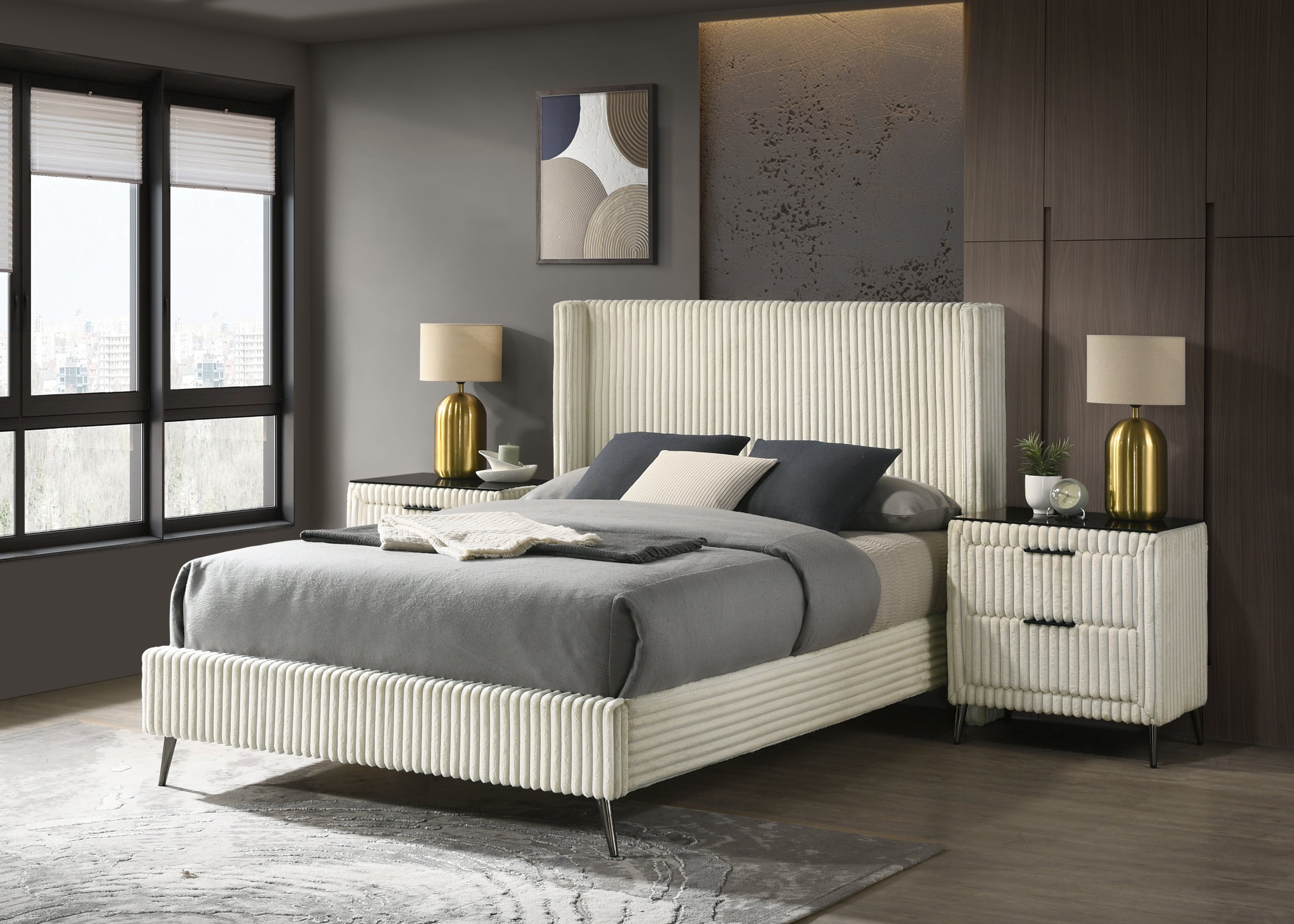 Mavela Wide Wale Corduroy Upholstery Panel Queen Bed with 2 Nightstands, Cream