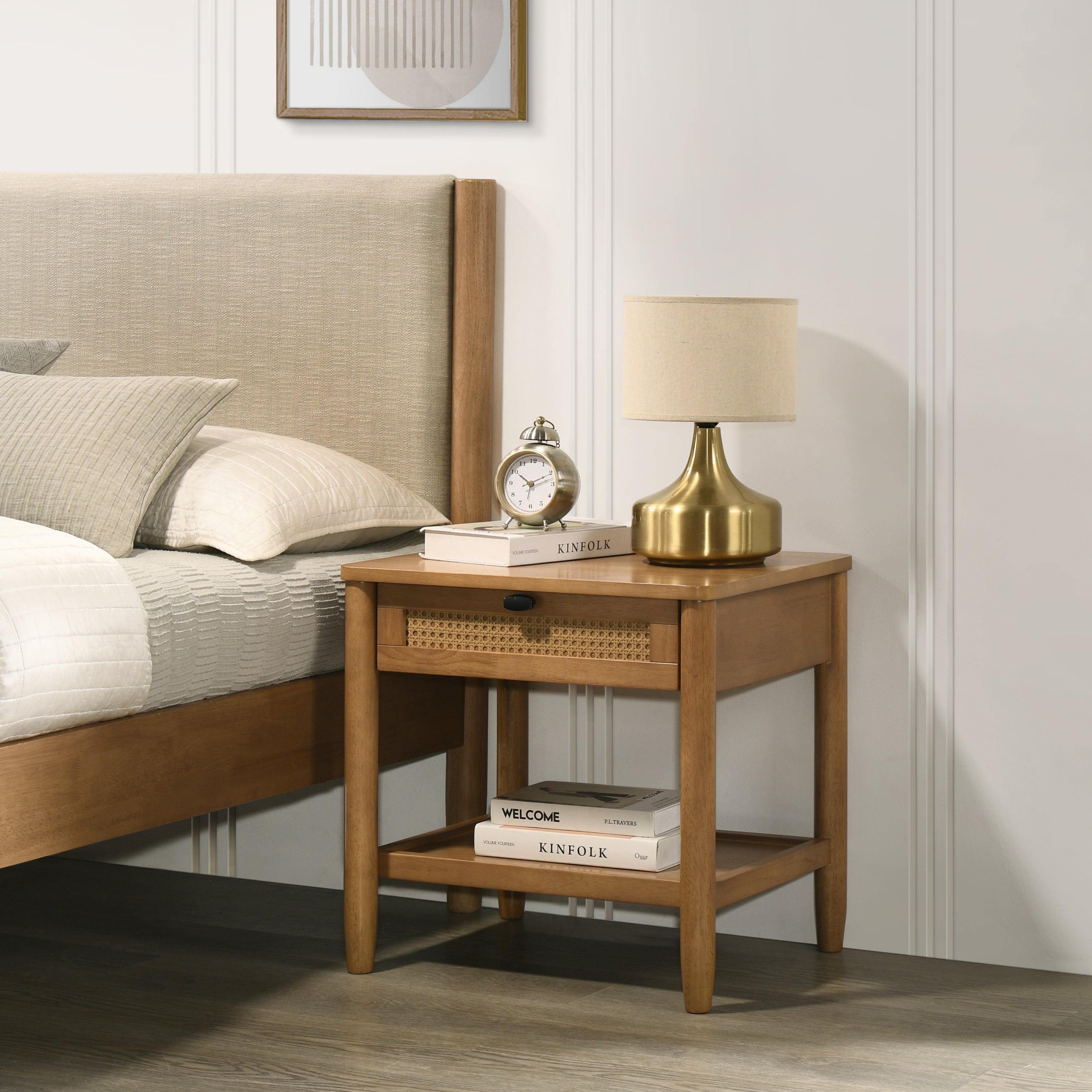 Vichy 3-Piece Rubberwood Bedroom Set, Platform Bed with Two Nightstands, Queen