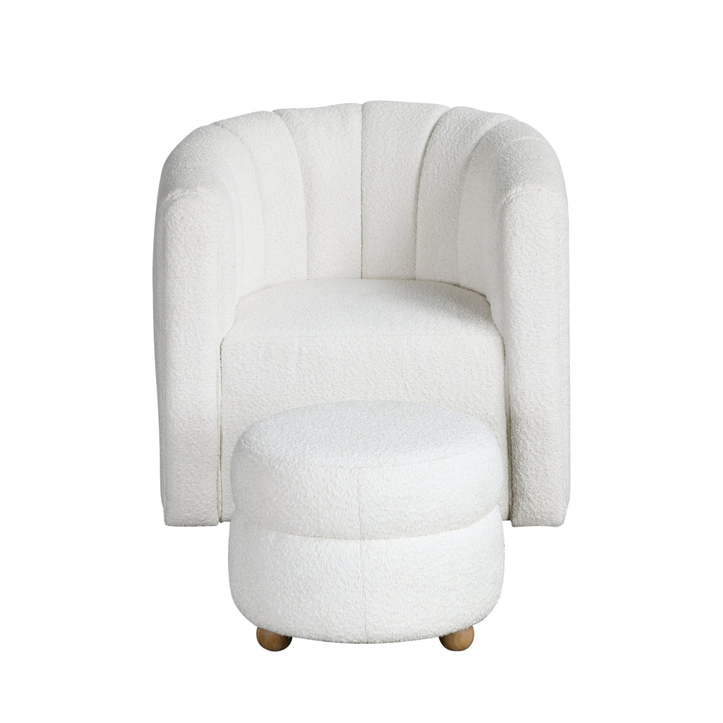 Modern Contemporary Swivel Chair with Ottoman White Boucle Fabric Upholstery Solid Wood Living Room Furniture
