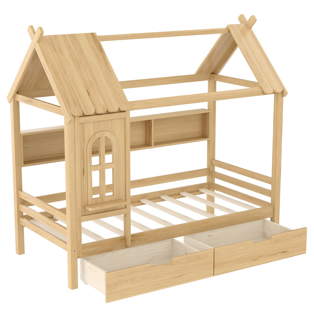 Twin house Beds with Storage Drawers and Window, Solid Wood House Platform Bed Frame with shelves, for Kids, Girls, Boys, No Spring Box Needed and Childlike Design, Natural