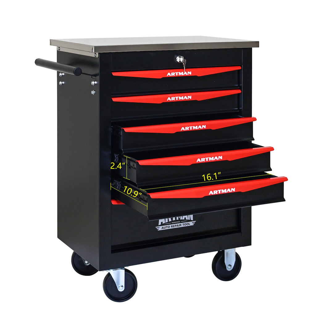 6-Drawer Multifunctional Tool Cart with Wheels, Metal Rolling Tool Cart Storage for Garage Workshop Warehouse Repair Shop - with Stainless Steel Roof - Black & Red