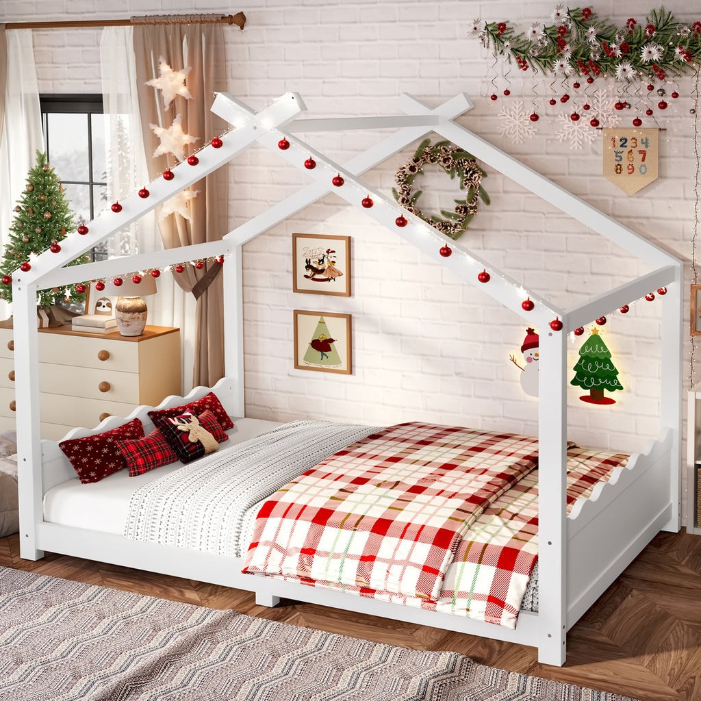 Full House Floor Bed with Support Slats, Solid Wood House Bed Frame for Kids, No Box Spring Needed and Opening Constructure, White