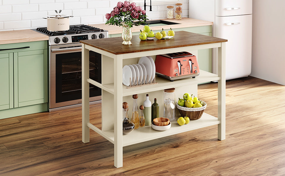 TOPMAX Rustic 3-piece Stationary Kitchen Island Set with Butcher Block and Seating, Walnut and Cream White