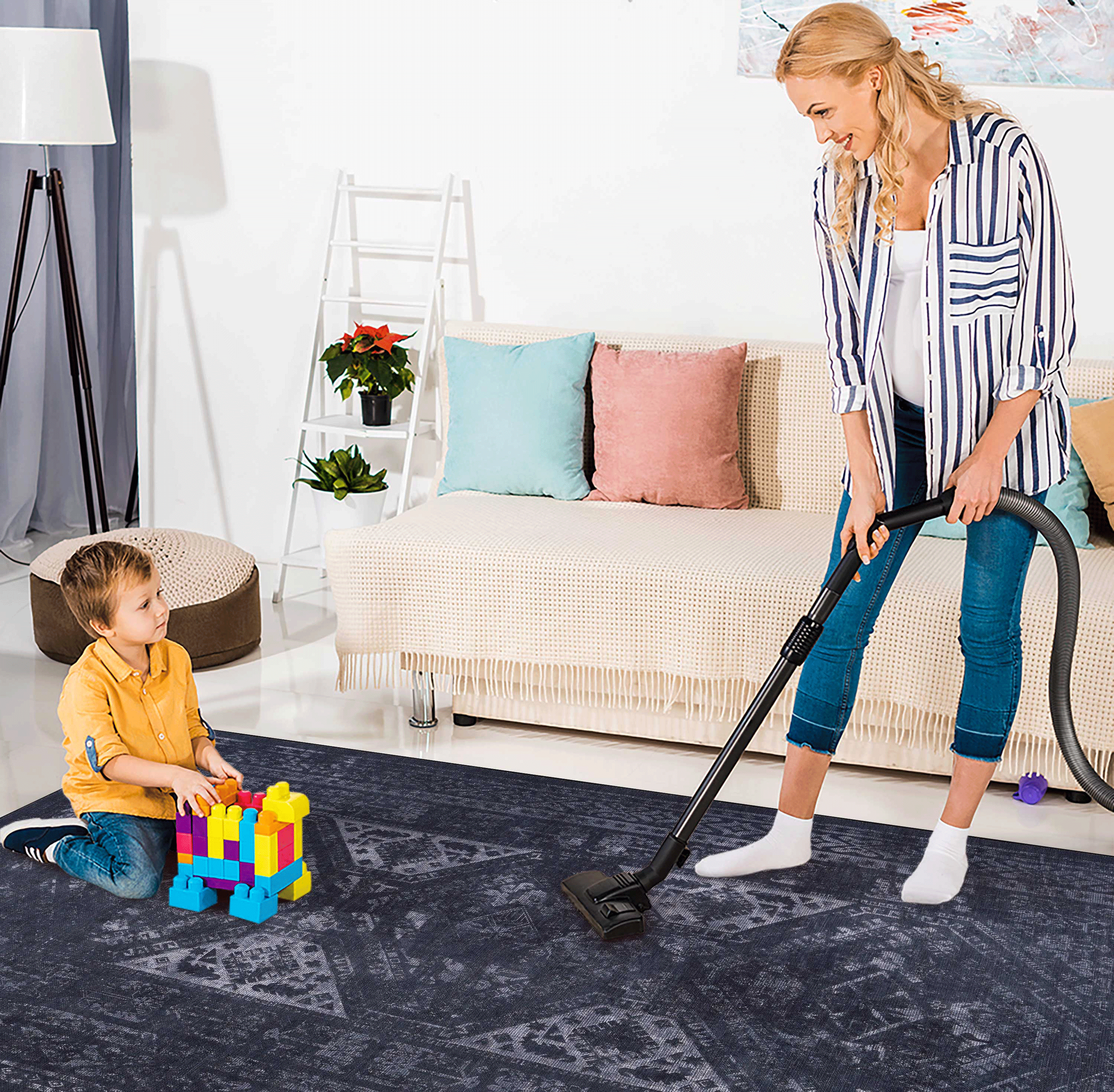 3x5 Area Rugs, Washable Rug, Low-Pile, Non-Slip, Non-Shedding, Foldable, Kid & Pet Friendly - Area Rugs for living room, bedroom, kitchen, dining room rug - Perfect Gifts, (Black+ Gray, 3' x 5')