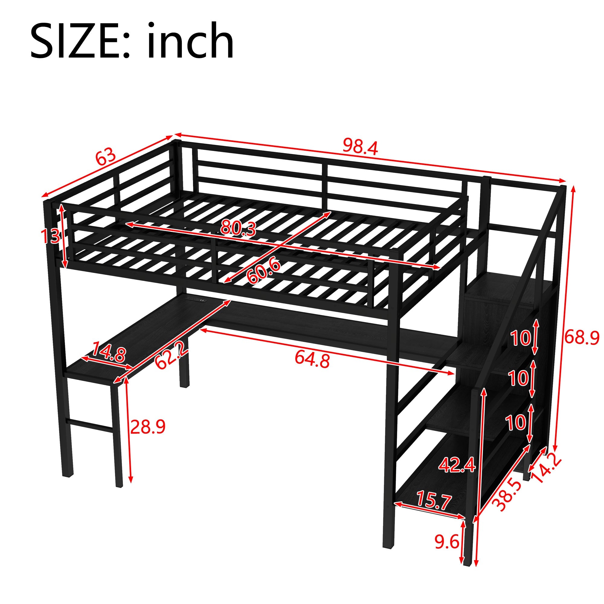 Queen Size Loft Bed with L-shaped Desk and USB, Metal Loft Bed with Wardrobe and Adjustable Shelf, High Loft Bed with LED for Kids Teens Adults, Black