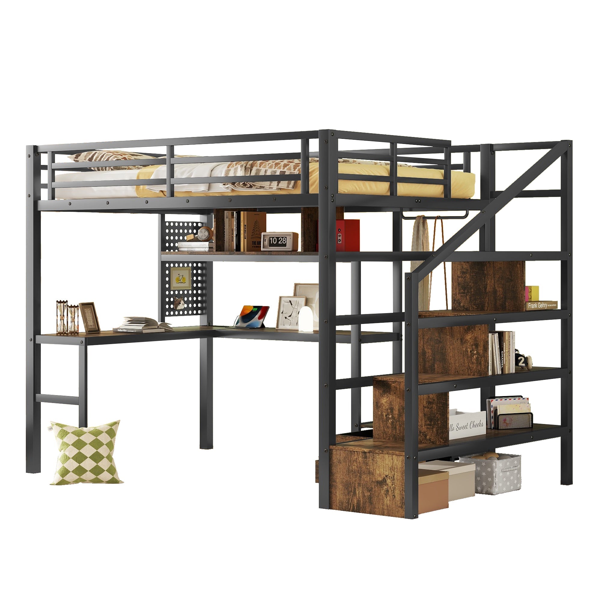 Full Size Loft Bed with LED Light & Charge Station, Metal Loft Bed with Desk and Staircase, Loft bed with Wardrobe for Kids, Black (Expect Arrival Date 2025/4/30)