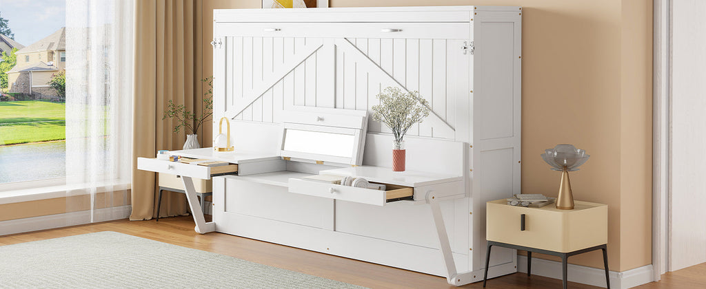 Queen Size Wall Murphy Bed with Storage, Foldable Cabinet Bed with Vanity Desk, Center Mirror & 2 Side Drawers, White