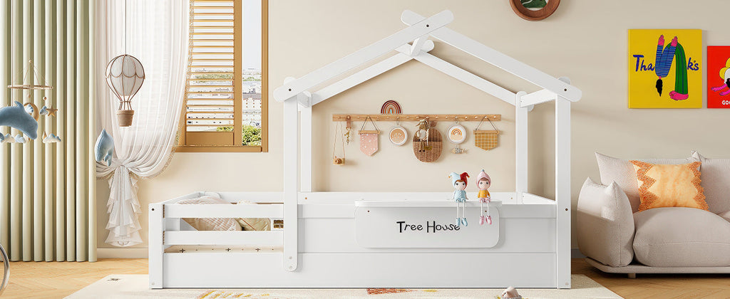 Twin Size Floor Bed with Guardrails and Roof, Kids House Floor Bed with a Small Built-in Tray and Free-installed Signboard, Childlike Design, White
