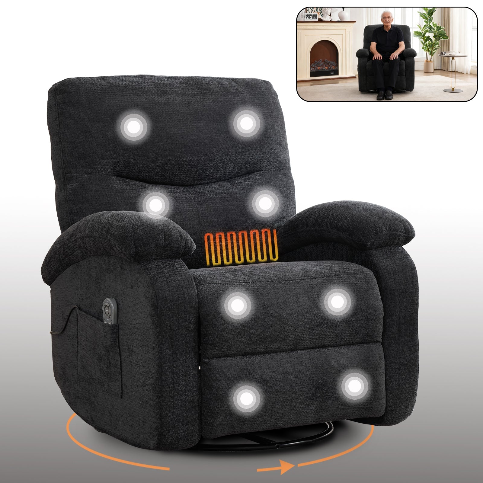 Hot massage manual lounge chair, with rocker arms and rotating fabric, with cup bucket, for living room, black