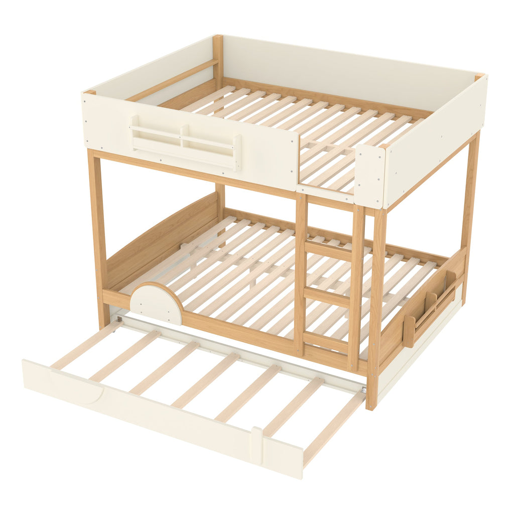 Queen Bunk Bed with Trundle , Wood Bunk Bed Frame with Built-in Bookshelf and High-quality Safety Guardrail,Automobile Form Design for Kids,Natural＆Beige