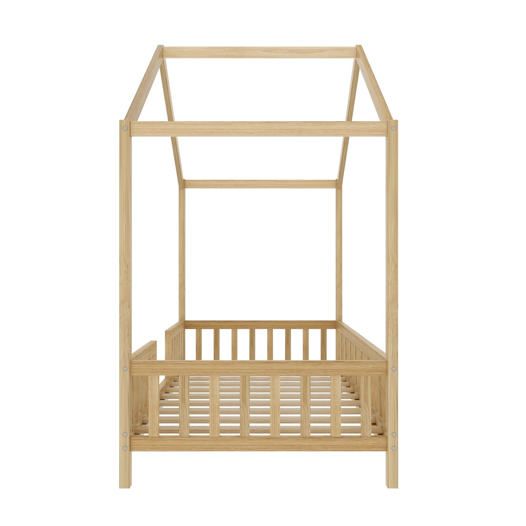 Montessori Floor Bed with Canopy, Twin Bed Frame for Kids, House Shape Kids Bed Frame with High Railings, Wood Kids Bed with Roof, Kid Twin Bed, Natural
