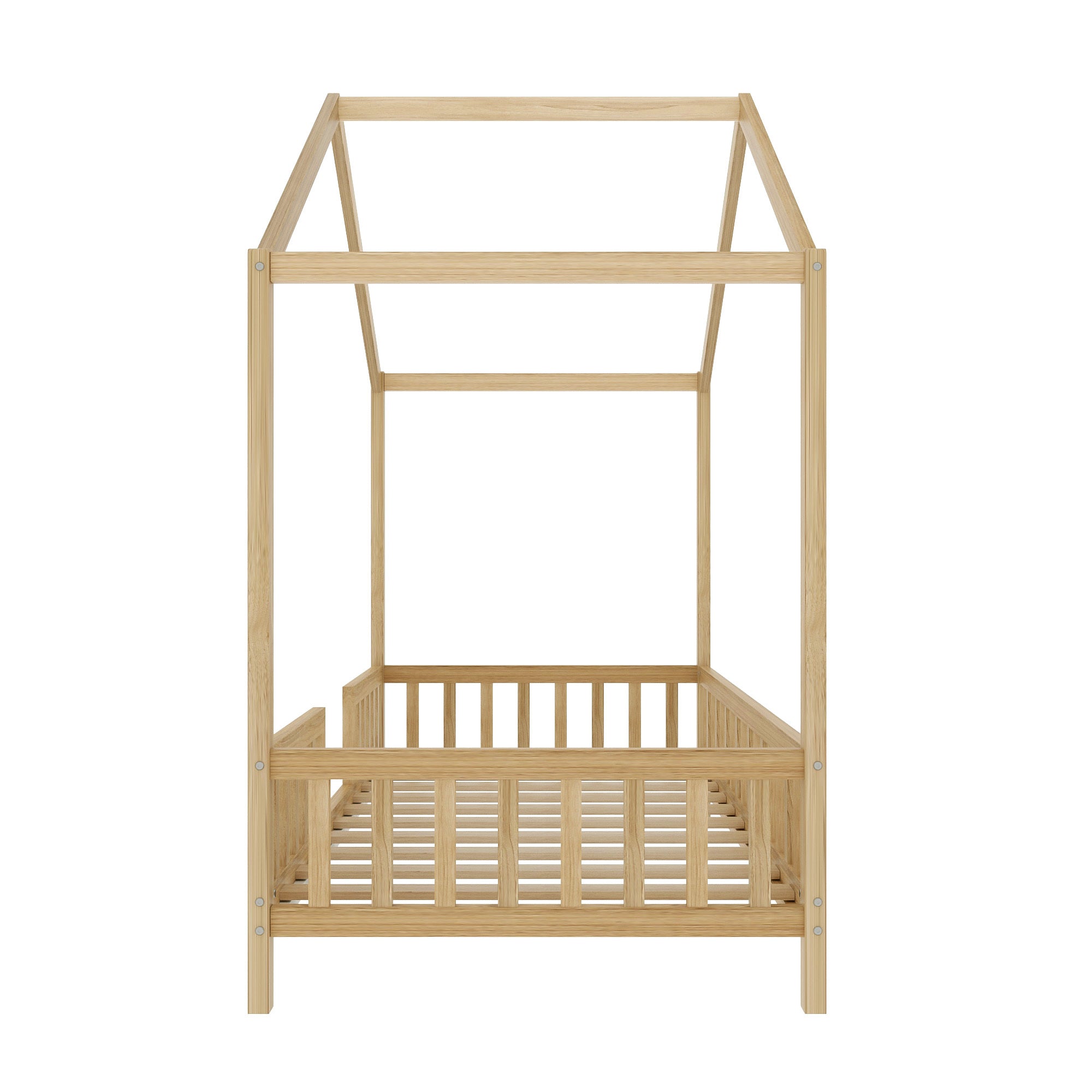 Montessori Floor Bed with Canopy, Twin Bed Frame for Kids, House Shape Kids Bed Frame with High Railings, Wood Kids Bed with Roof, Kid Twin Bed, Natural