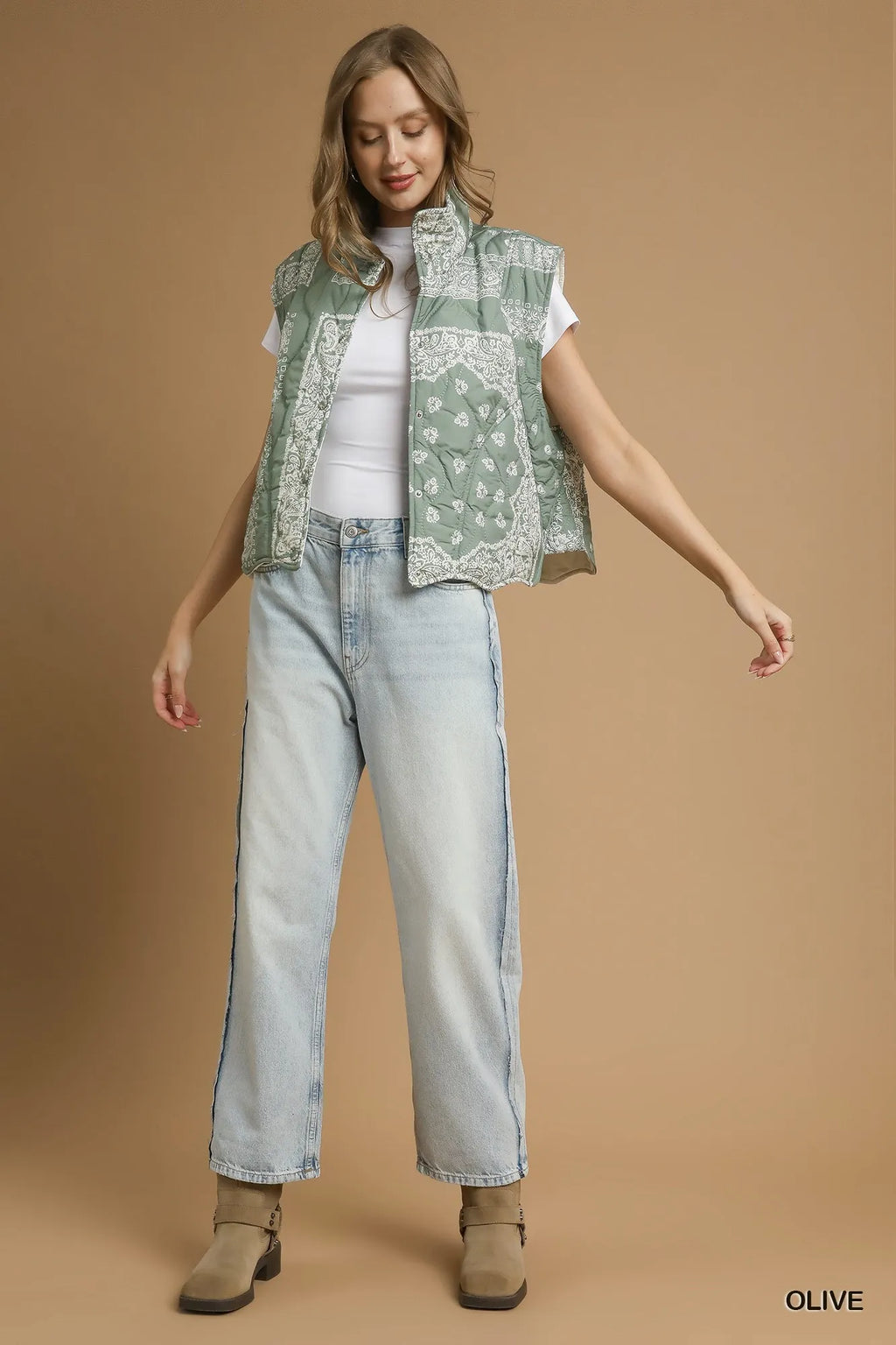 Umgee Bandana Print Quilted Puffer Vest
