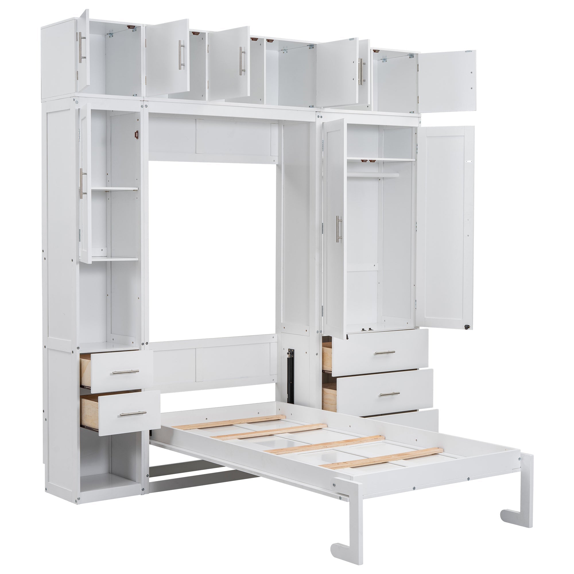 White Twin Size Murphy Bed with Lockers and Wardrobes, MDF+Pine, 93.2''L x 15.7''W x 99''H
