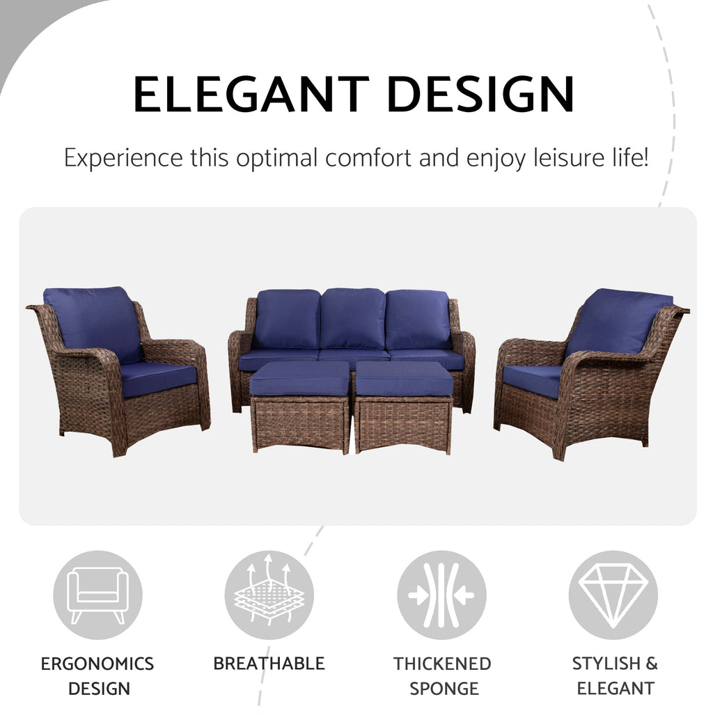 Patio Furniture Set Rattan Outdoor Sectional Conversation Sets 3-Seat Outdoor Couch,2 Single Chair and 2 Ottoman for Lawn, Balcony, Garden, Backyard (Gray-Navy, Set of 5)