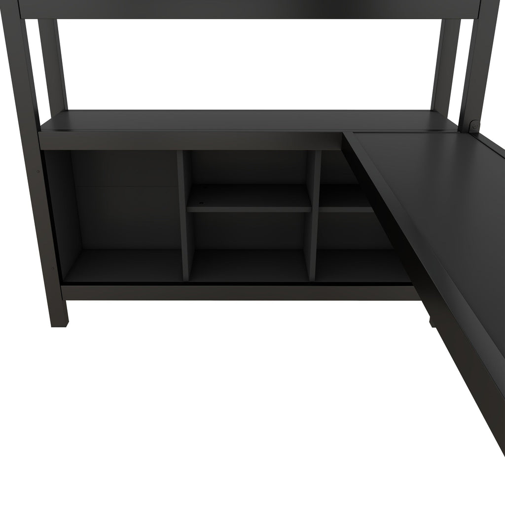 Metal Loft Bed with Wardrobe And L-shaped Desk, Full Size Loft Bed with Storage Cubes and Shelves, Heavy Duty Loft Bed for Kids Teens Adults, Black