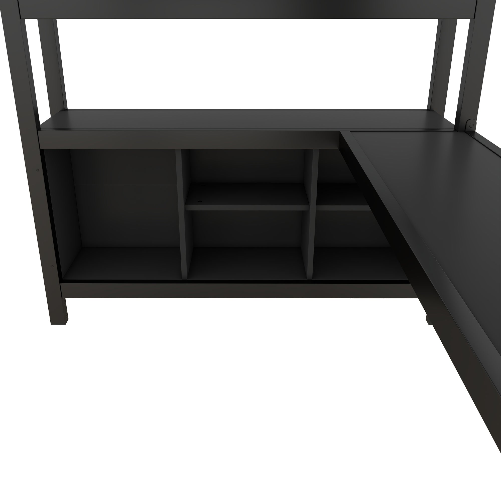 Metal Loft Bed with Wardrobe And L-shaped Desk, Full Size Loft Bed with Storage Cubes and Shelves, Heavy Duty Loft Bed for Kids Teens Adults, Black