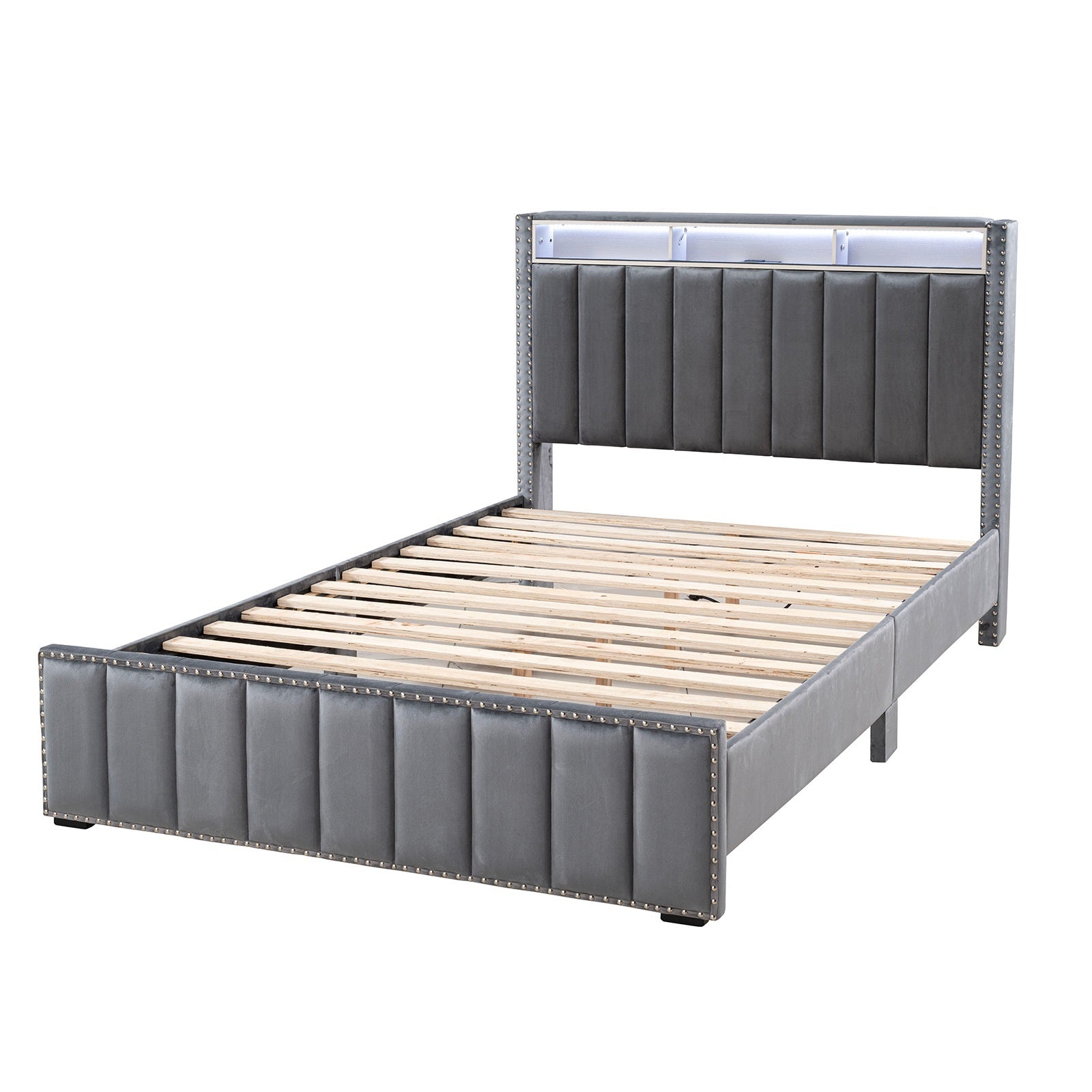 Contemporary 3pc Bedroom Set Full Size Bed 2x Nightstands Bedroom Furniture Dark Gray Fabric Upholstered Bedframe w LED Nailhead Trim