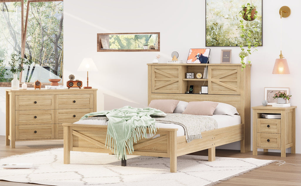 3-Pieces Bedroom Sets Full Size Farmhouse Platform Bed with Double Sliding Door Storage Headboard and Charging Station, Storage Nightstand and Dresser, Natural