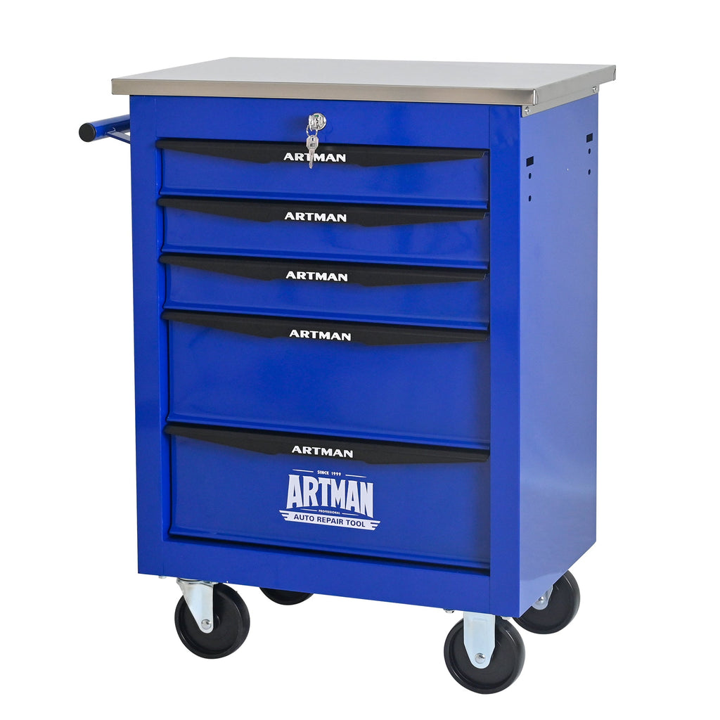 5 Drawers Multifunctional Tool Cart with Wheels,Metal Rolling Tool Cart Storage for Garage Workshop Warehouse Repair Shop--With Stainless Steel Roof- BLACK&BLUE