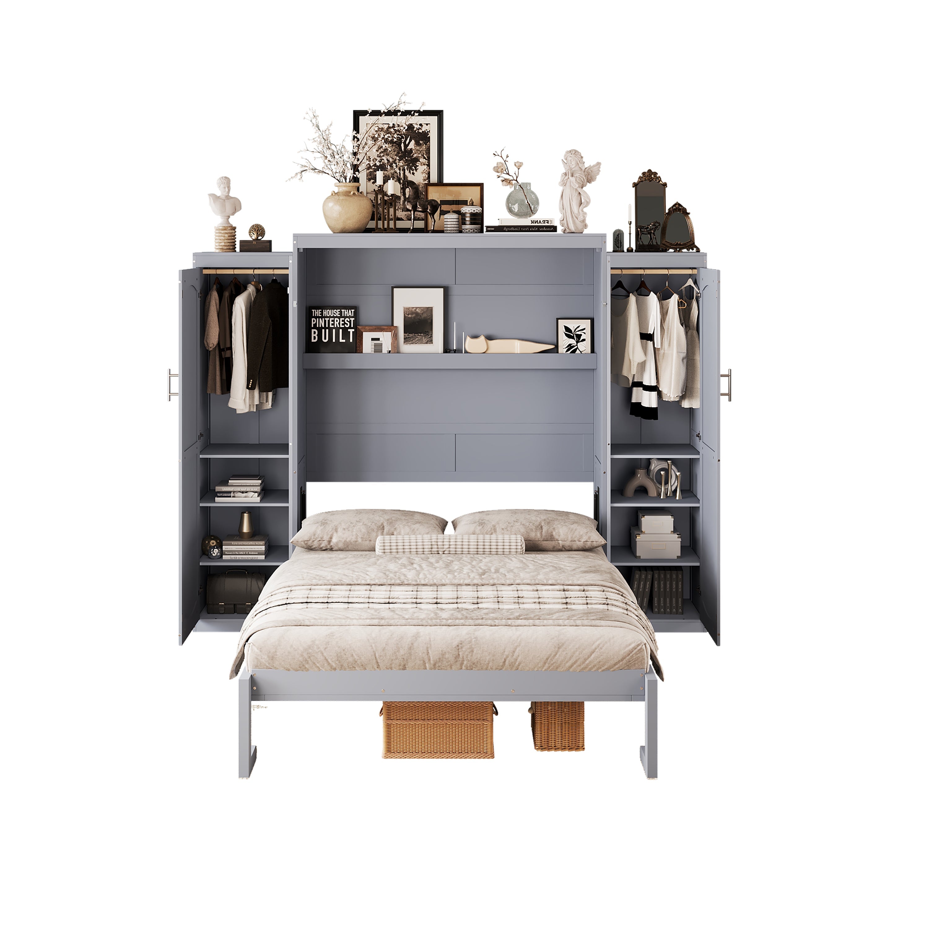 Full Size Murphy Bed, Wooden Full Wall Bed with 2 Wardrobe and Storage Shelf, Multifunctional Foldable Platform Bedframe for Guest-Room, Bedroom, Gray