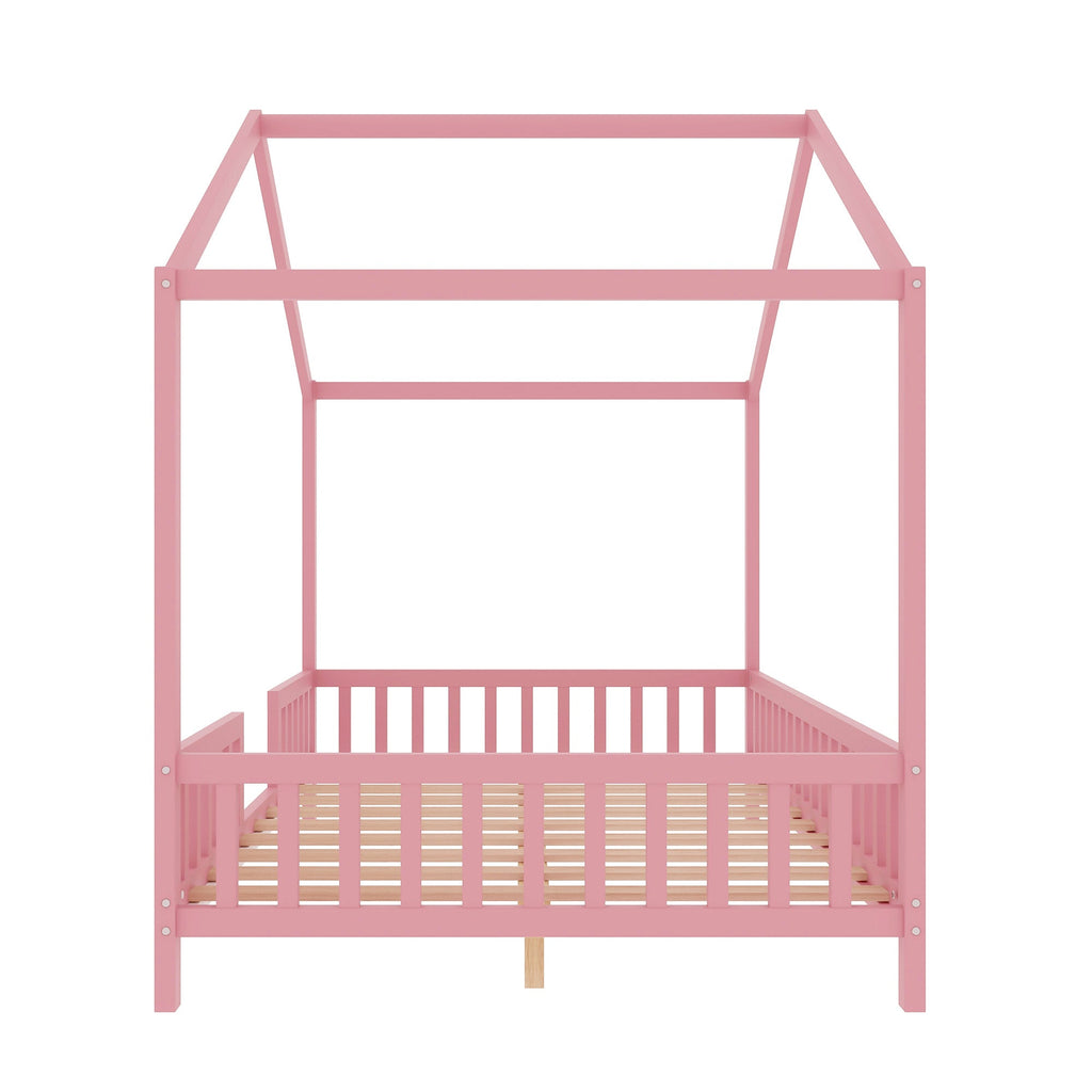 Montessori Floor Bed with Canopy, Full Bed Frame for Kids, House Shape Kids Bed Frame with High Railings, Wood Kids Bed with Roof, Kid Full Bed, Pink