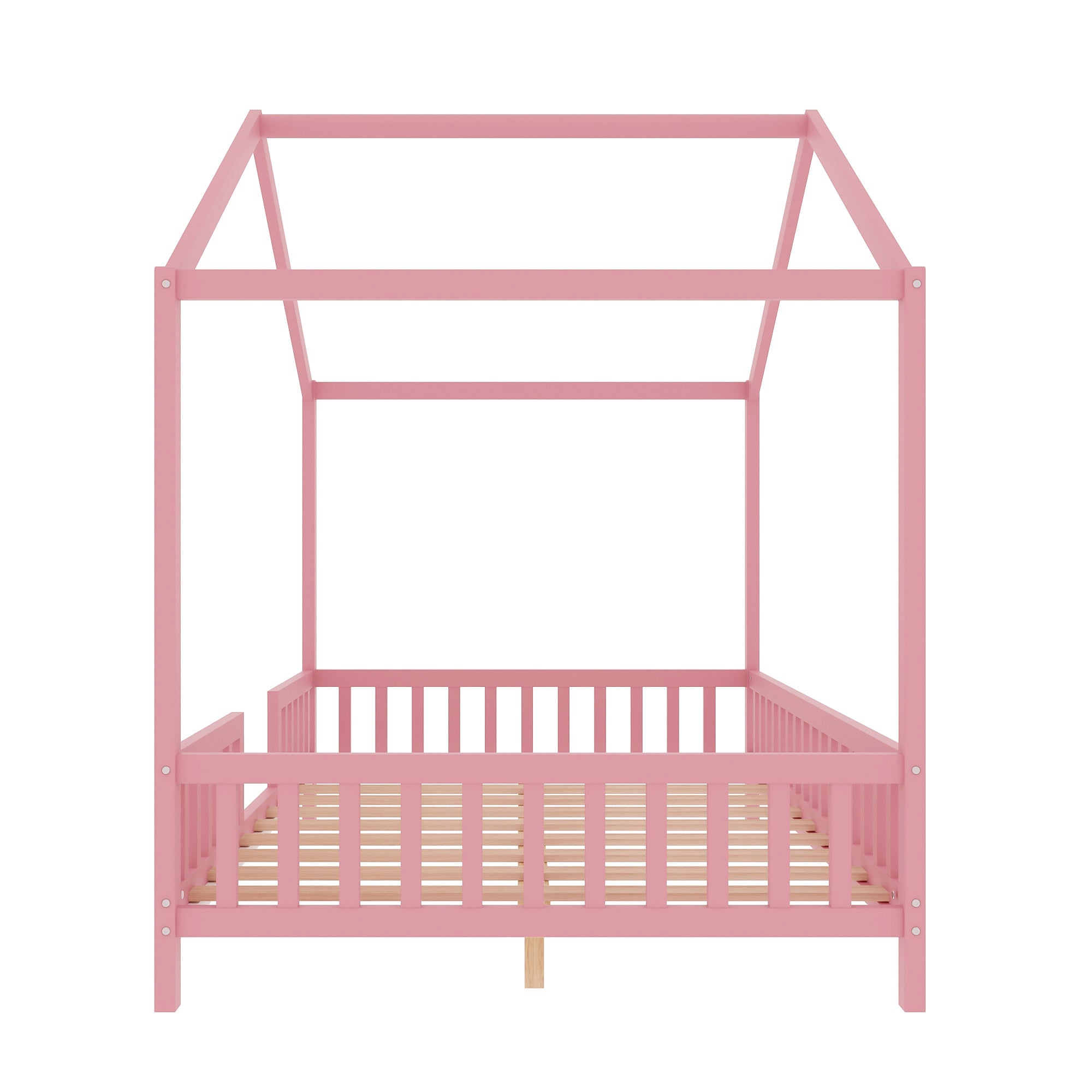 Montessori Floor Bed with Canopy, Full Bed Frame for Kids, House Shape Kids Bed Frame with High Railings, Wood Kids Bed with Roof, Kid Full Bed, Pink