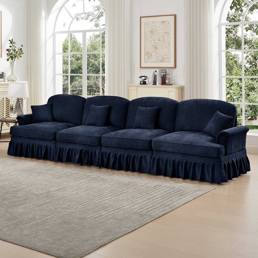 Elegant Mid Century Large 4 Seater Sofa Couch with Flared Arms and Removable Ruffles Pleats Skirts and Spindle Legs, Comfy Chenille Four-Seat Sofa for Living Room, Blue