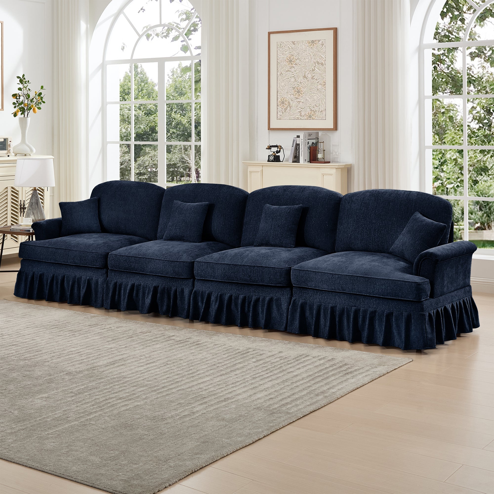 Elegant Mid Century Large 4 Seater Sofa Couch with Flared Arms and Removable Ruffles Pleats Skirts and Spindle Legs, Comfy Chenille Four-Seat Sofa for Living Room, Blue
