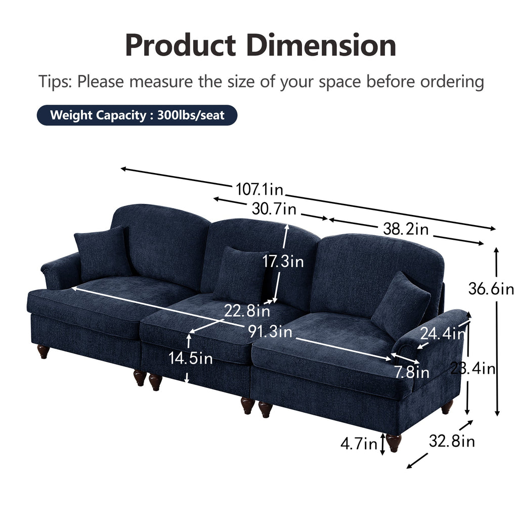 Classic 2 Piece Modular Couch Living Room Sofa Set with Flared Arms and Removable Ruffles Pleats Skirts and Spindle Legs, 3 Seater Sofa + 2-Seat Loveseat Sofa Sets for Living Room, Blue