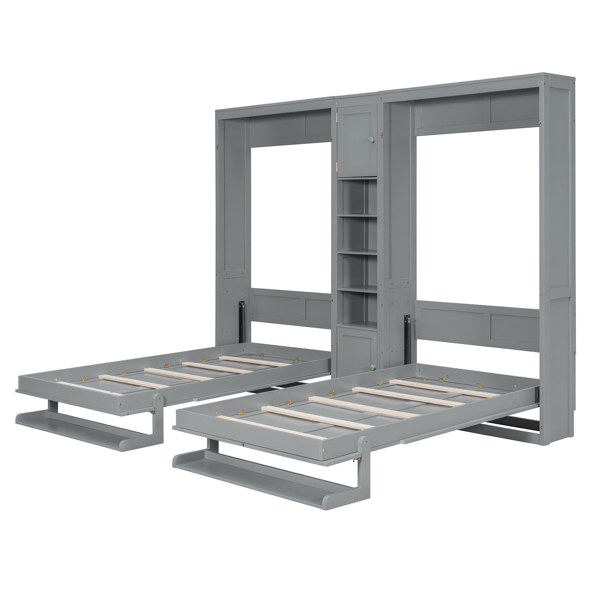 Dual Twin size Wall Murphy Beds with Cabinets and Shelves, Gray