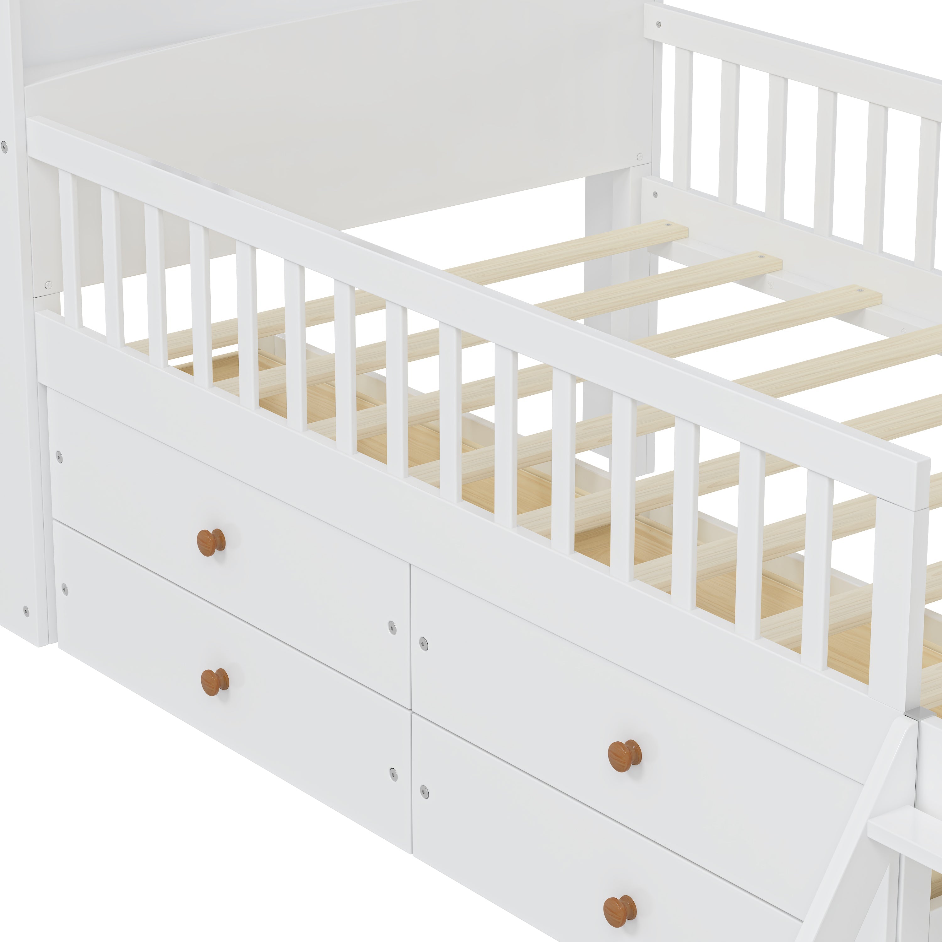 Twin Bed Frame with Storage 4 Drawers,Wooden Bed Frame for Kids,Platform Twin Size Bed with Guardrail Headboard and Ladder, No Box Spring Needed, Easy Assembly, White