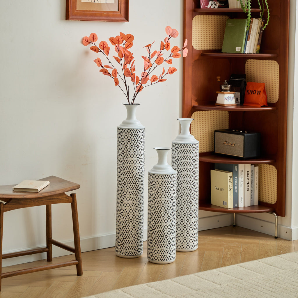 Modern Floor Vase Set – White & Black Metal Vases with Geometric Pattern – 3-Piece Home Decor Set in 24.8 in, 29.13 in & 33.85 in Heights