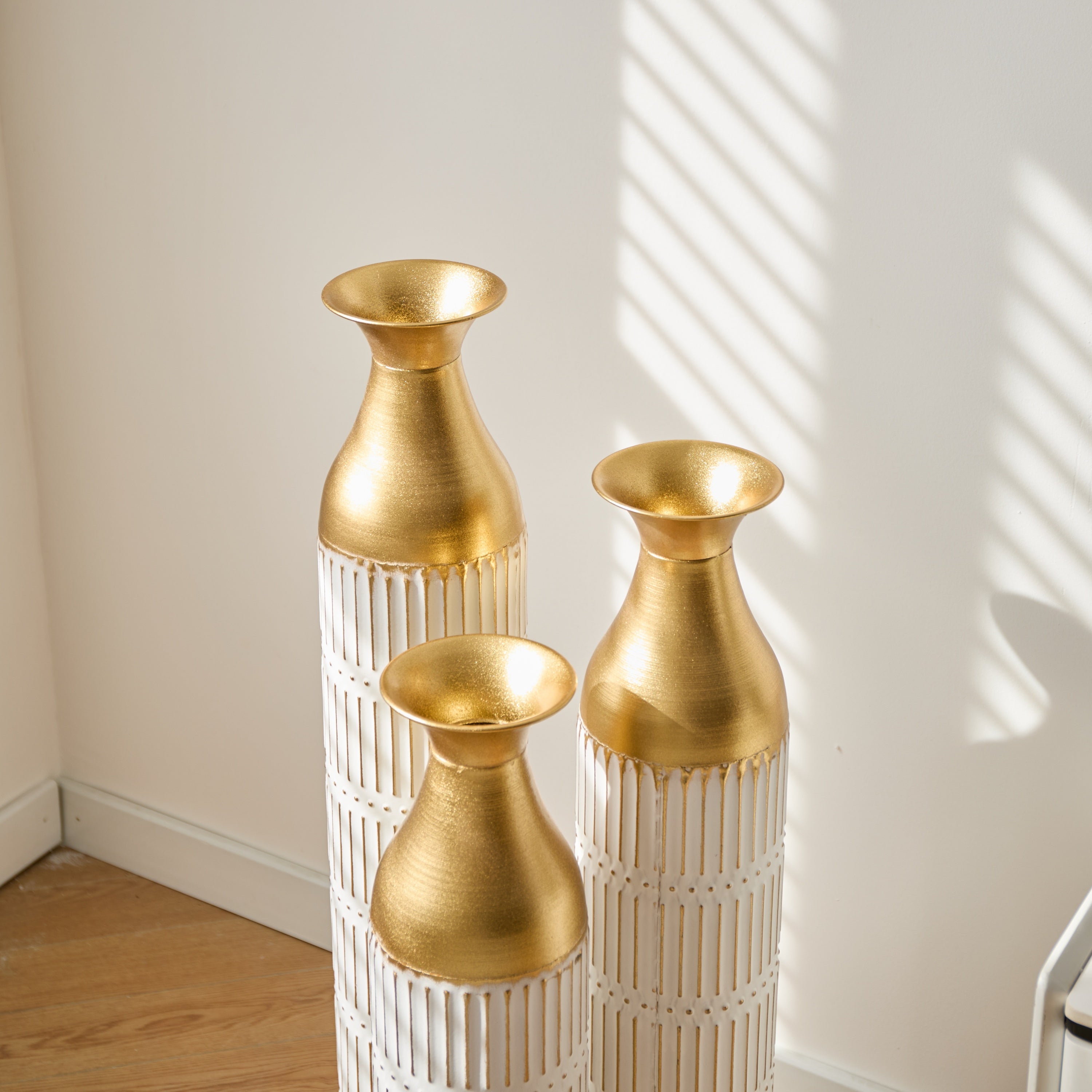 Floor Metal Vases Decorated White Metal Vases Set of 3 Gorgeous Home Decoration Large Glazed Metal Vases 24in/28.7in/33.5in Height