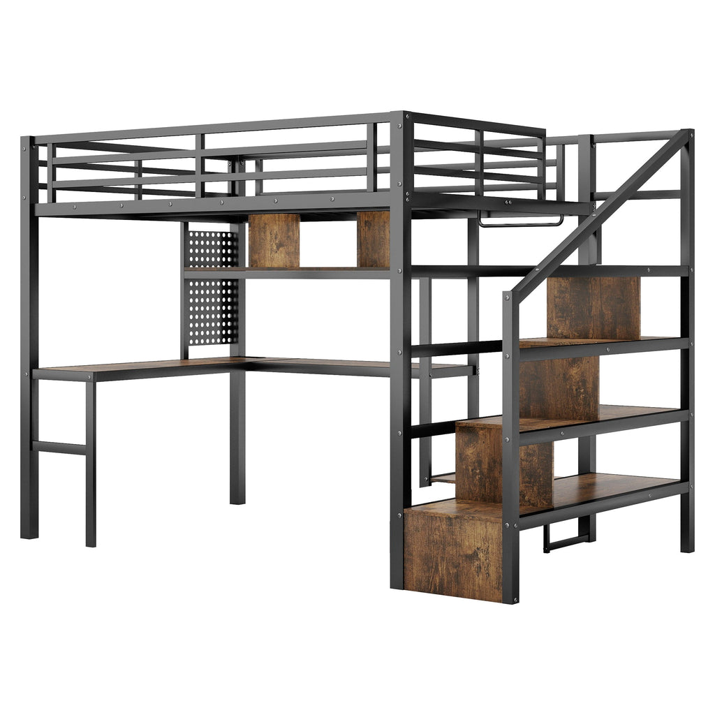 Full Size Loft Bed with LED Light & Charge Station, Metal Loft Bed with Desk and Staircase, Loft bed with Wardrobe for Kids, Black (Expect Arrival Date 2025/4/30)