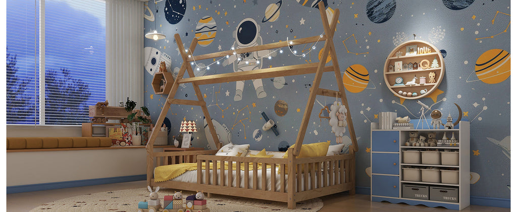 Twin House Bed with Light, Low Floor House Bed with Fence and Roof for Kids Boys Girls,Natural(Expect arrive date 2025/7/20)