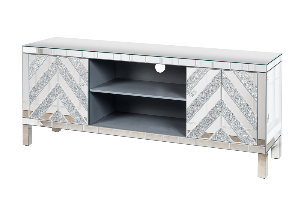 47 Inch Mirror TV Media Console with Diamond Glass Doors, Dual Door Design with Open Storage Space, Compatible with 50-Inch TVs, Modern Decor for Living Room & Bedroom