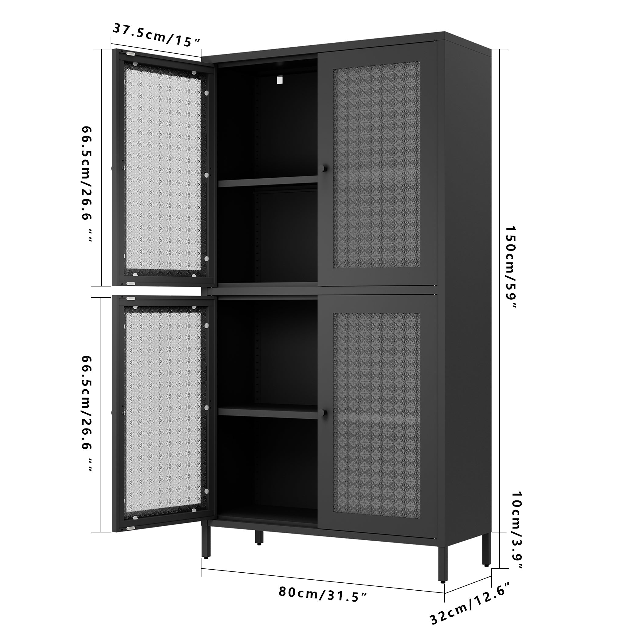 Classic Metal Storage Cabinet Display Cabinet with 4 Glass Doors 4 Shelves Cabinet Freestanding Bookcase Side Cabinet for Home Office Living Room Kitchen Hallway - Black, Begonia Flower Tempered Glass