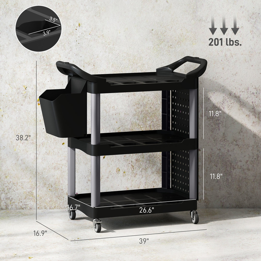 3-Tier Rolling Tool Cart,Capacity Plastic Utility Cart with Side Shelf and Bucket
