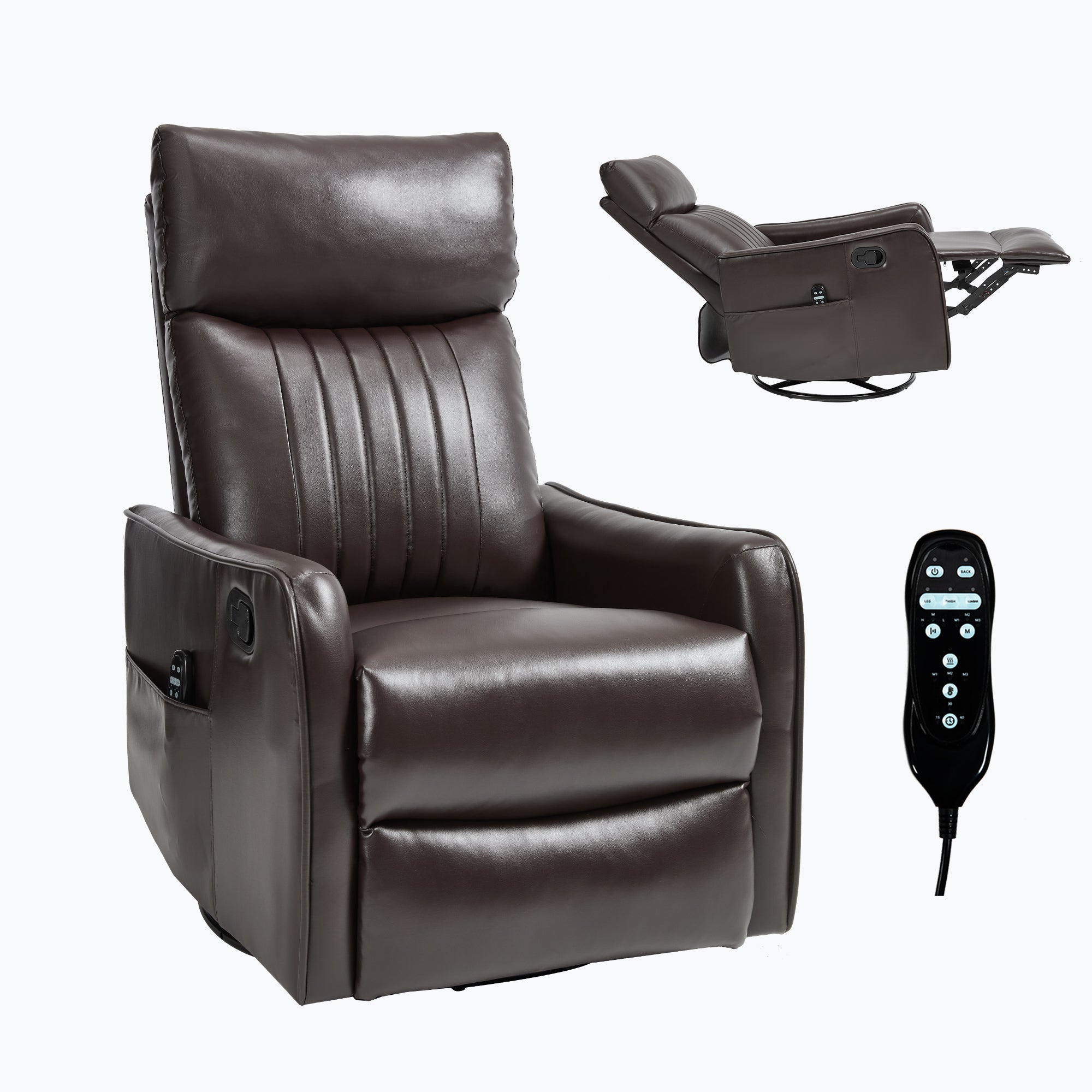 Brown Faux Leather Heat Massage Manual Recliner Chair with Rocker and Swivel for Living Room
