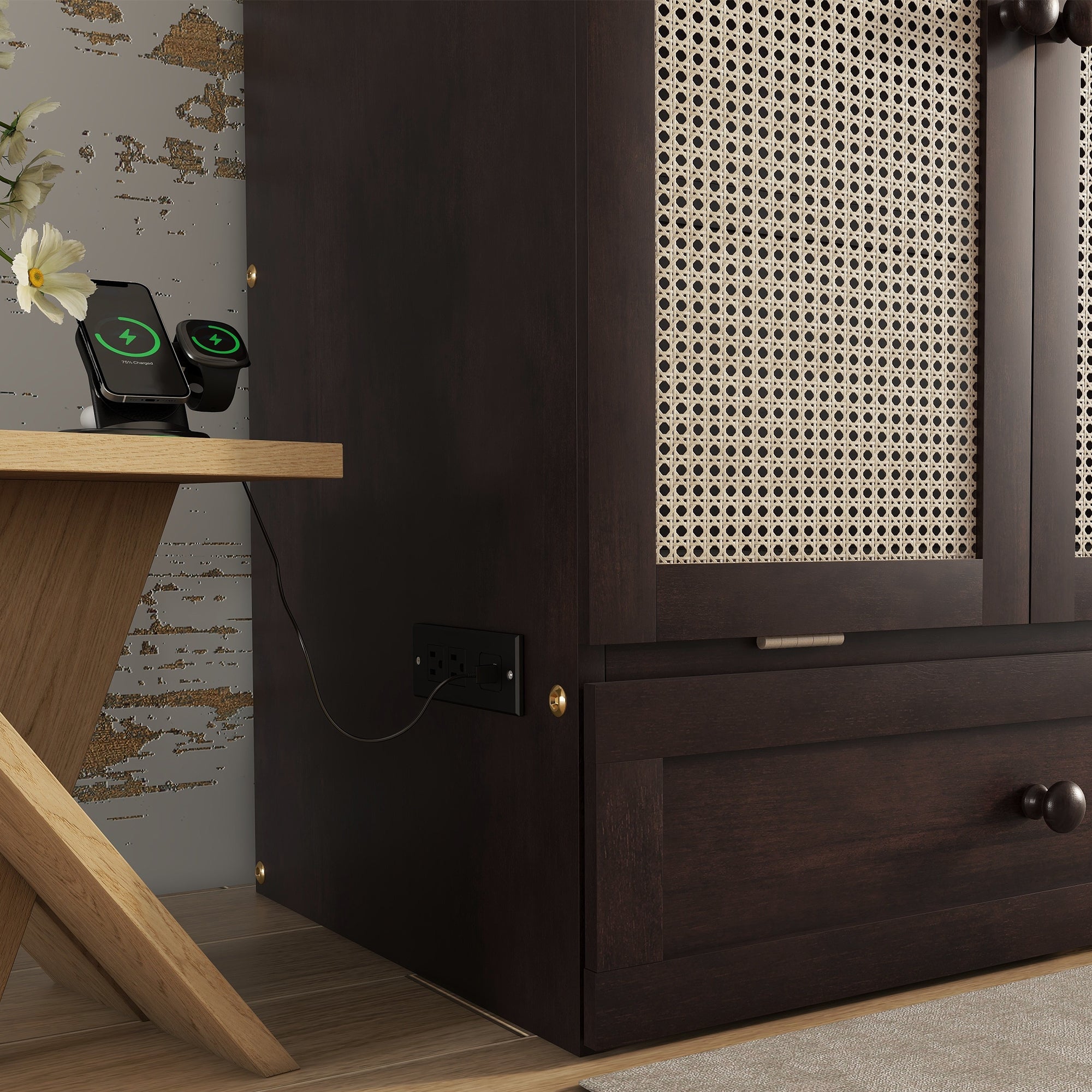 Queen Size Murphy Bed, Pine Wood Cabinet Bed with Power Station and Rattan Decoration Panel,Espresso