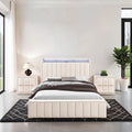 Queen Size Bed 2x Nightstands Bedroom Furniture Contemporary Beige Fabric Upholstered Bedframe w LED Nailhead Trim 3pc Bedroom Set