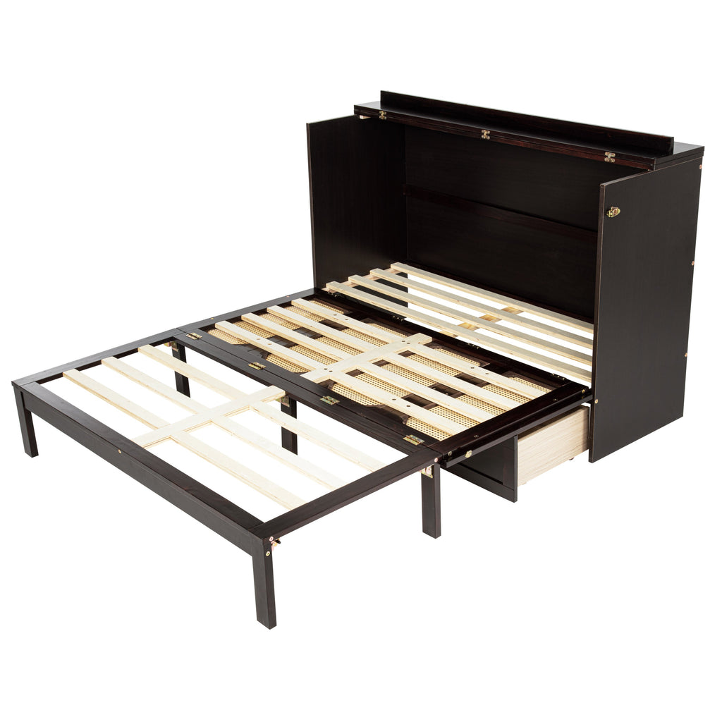 Queen Size Murphy Bed, Pine Wood Cabinet Bed with Power Station and Rattan Decoration Panel,Espresso