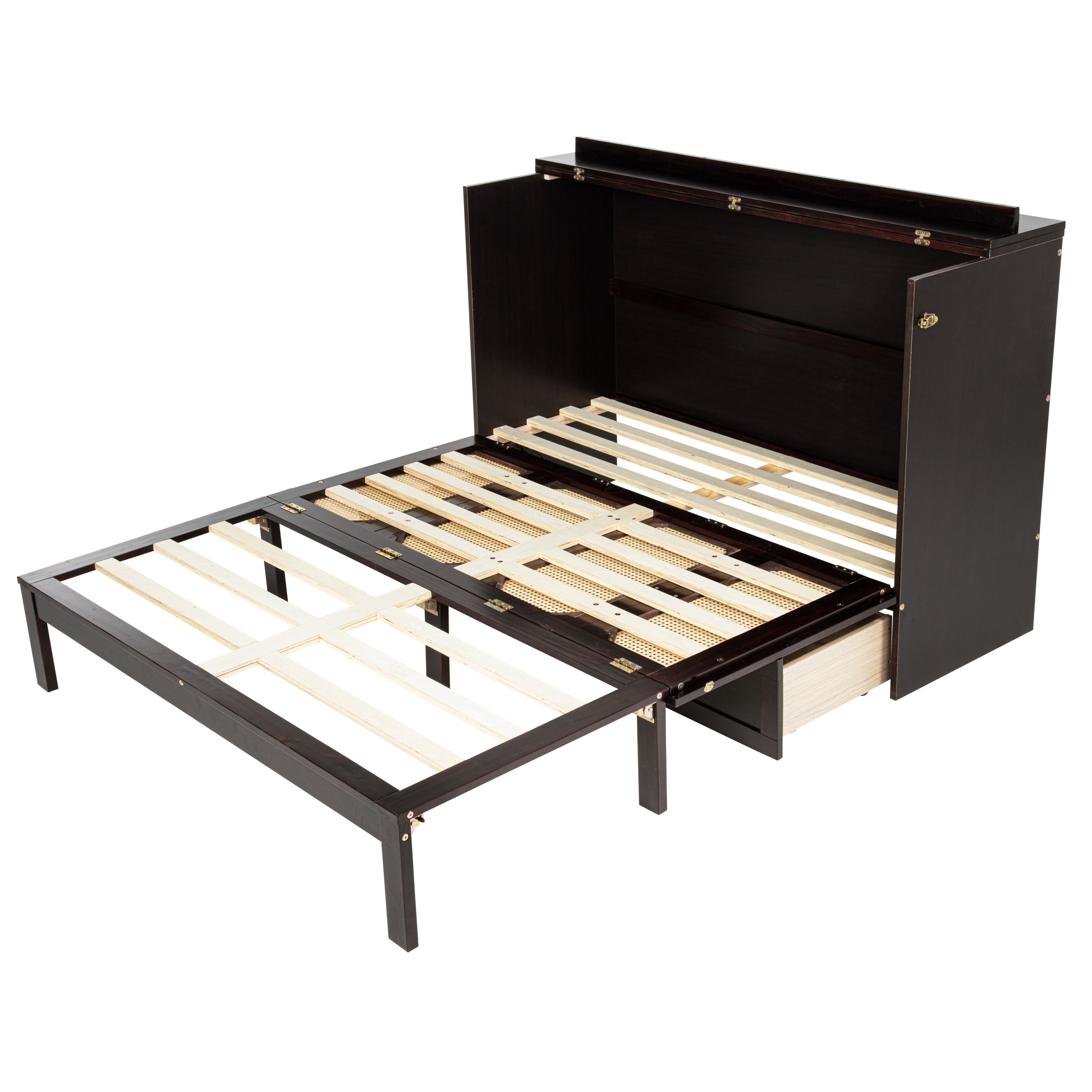 Queen Size Murphy Bed, Pine Wood Cabinet Bed with Power Station and Rattan Decoration Panel,Espresso