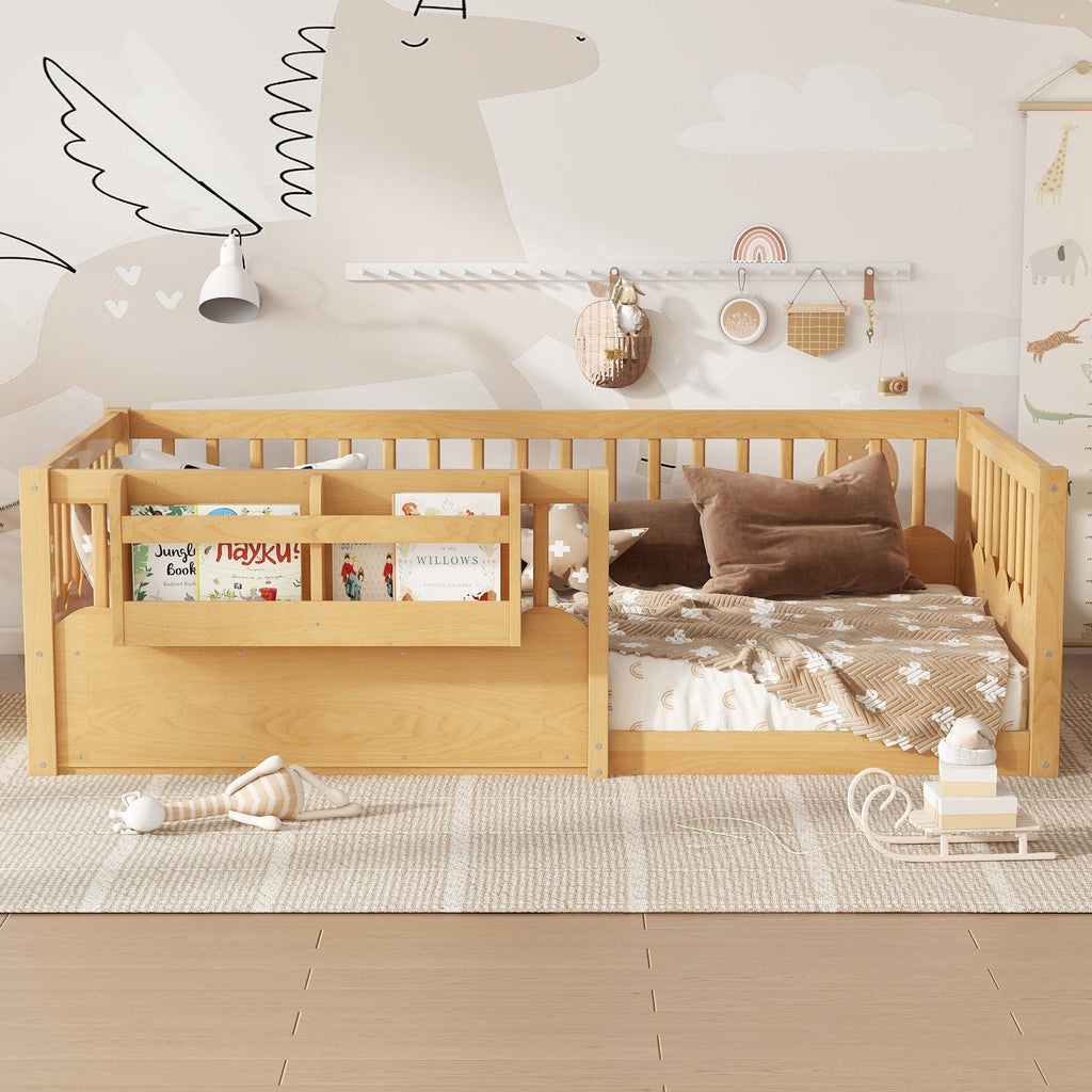 Twin Floor bed with Heightened Fence and bookshelf ,Wood Floor Bed for Kids, Natural.