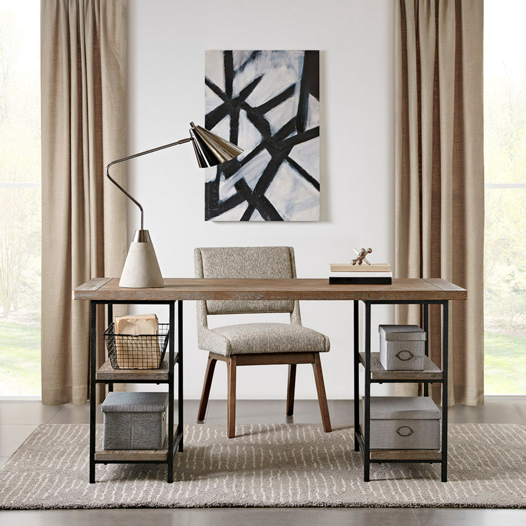 Industrial Style Metal Frame Accent Desk with Side Shelving in Reclaimed Grey Wood Finish
