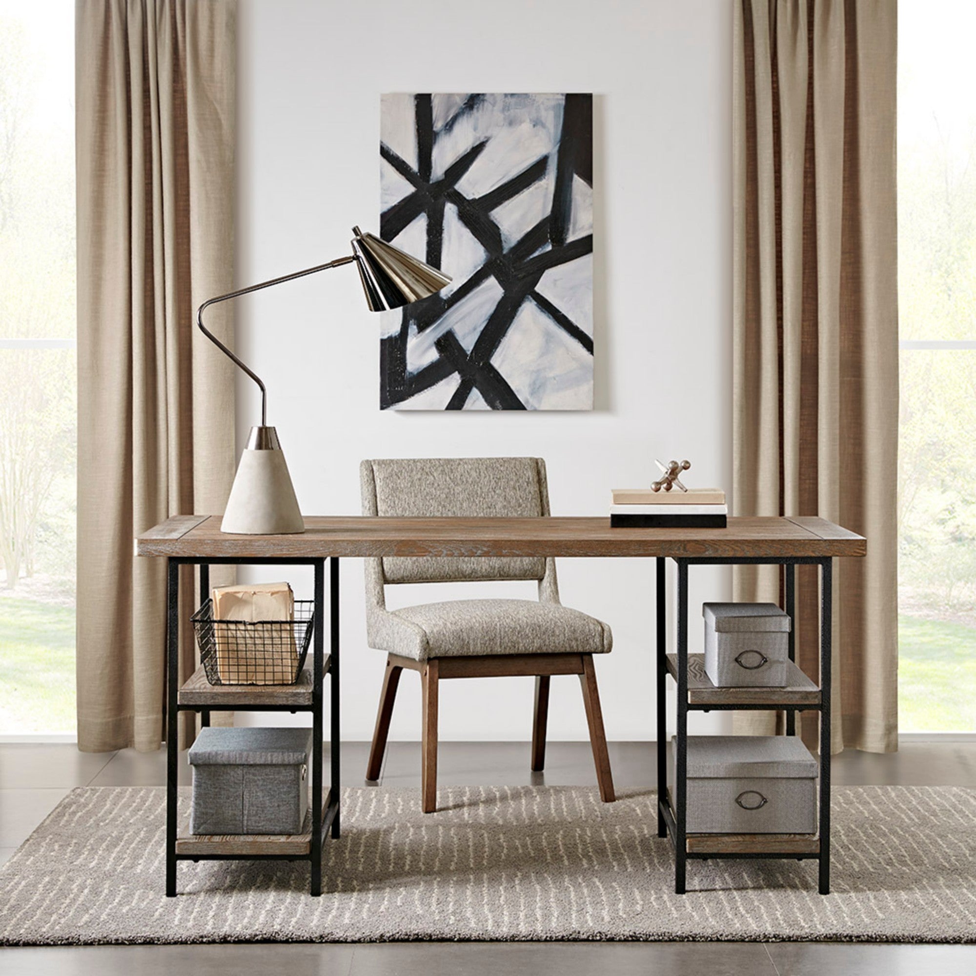 Industrial Style Metal Frame Accent Desk with Side Shelving in Reclaimed Grey Wood Finish