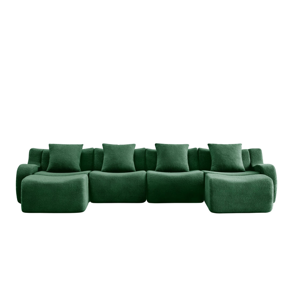 U-Shaped Boneless Sofa,Teddy Fabric No assembly required   Curved armrest,Anti-slip Design,Streamlined Design 32D High Density Sponge,Full Compression Vacuum Packag,For Studies living Rooms,Green